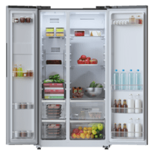 Bolero CoolMarket SBS 562 Dark D Frigorífico Americano Side by Side Inox escuro com 562 l de capacidade, 177 cm de altura e 91,2 cm de largura, com sistema Multi Air Flow, Total No Frost, Compressor Inverter Plus. Além disso, possui o modo Fast Cooling e Fast Freezing.