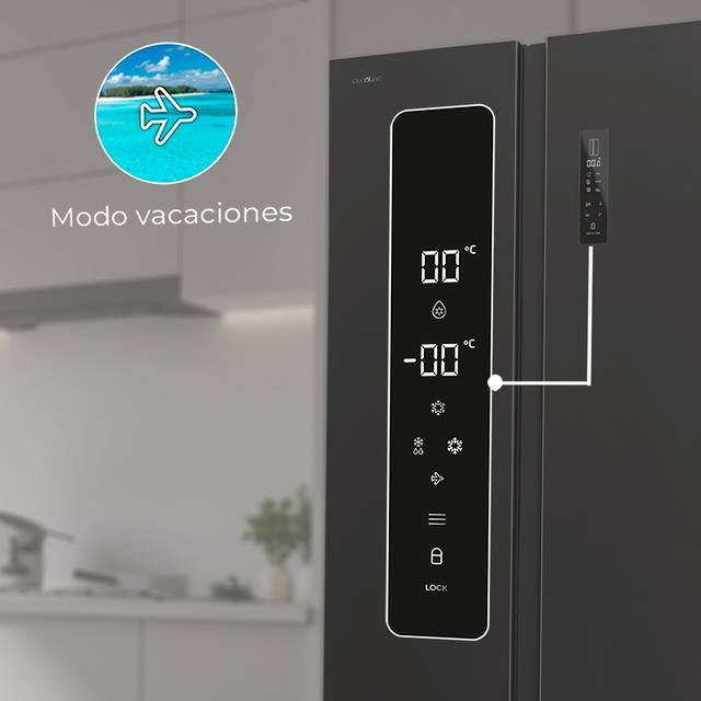 Bolero CoolMarket SBS 562 Dark D Frigorífico Americano Side by Side Inox escuro com 562 l de capacidade, 177 cm de altura e 91,2 cm de largura, com sistema Multi Air Flow, Total No Frost, Compressor Inverter Plus. Além disso, possui o modo Fast Cooling e Fast Freezing.