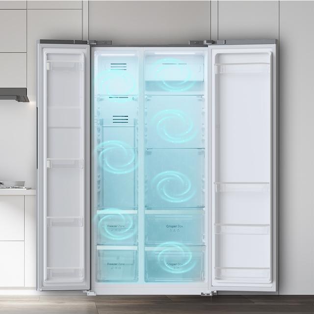 Bolero CoolMarket SBS 562 Dark D Frigorífico Americano Side by Side Inox escuro com 562 l de capacidade, 177 cm de altura e 91,2 cm de largura, com sistema Multi Air Flow, Total No Frost, Compressor Inverter Plus. Além disso, possui o modo Fast Cooling e Fast Freezing.