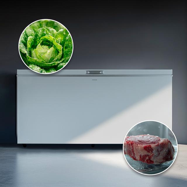 Bolero CoolMarket Chest 500 white E Arca congeladora horizontal branca com 83,5 cm de altura e 165 cm de largura, com capacidade para 500 L, compressor Inverter Plus, convertível em frigorífico, dois cestos, classe energética E e modo Fast Freezing.