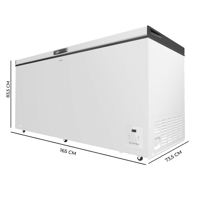 Bolero CoolMarket Chest 500 white E Arca congeladora horizontal branca com 83,5 cm de altura e 165 cm de largura, com capacidade para 500 L, compressor Inverter Plus, convertível em frigorífico, dois cestos, classe energética E e modo Fast Freezing.