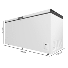 Bolero CoolMarket Chest 500 white E Arca congeladora horizontal branca com 83,5 cm de altura e 165 cm de largura, com capacidade para 500 L, compressor Inverter Plus, convertível em frigorífico, dois cestos, classe energética E e modo Fast Freezing.