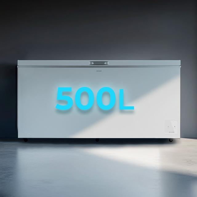 Bolero CoolMarket Chest 500 white E Arca congeladora horizontal branca com 83,5 cm de altura e 165 cm de largura, com capacidade para 500 L, compressor Inverter Plus, convertível em frigorífico, dois cestos, classe energética E e modo Fast Freezing.