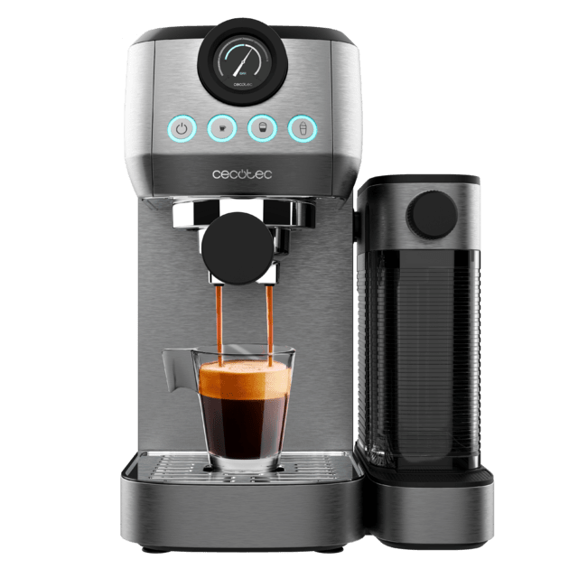 Power Espresso 20 Steel Pro Latte Machine à café semi-automatique avec 20 bars, manomètre, thermoblock et réservoir pour le lait.