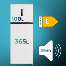 Bolero CoolMarket 2D 465 NF White E Frigorífico de 2 portas branco com 185,5 cm de altura e 70,3 cm de largura, com uma grande capacidade de 465 litros e motor Inverter com 10 anos de garantia. Sistema de conservação No Frost e classe energética E.