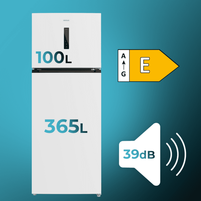 Bolero CoolMarket 2D 465 NF Branco E Geladeira 2 portas branca medindo 185,5cm de altura e 70,3cm de largura com grande capacidade de 465 Litros e Motor Inverter com garantia de 10 anos. Sistema de conservação No Frost e classe energética E.