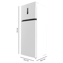 Bolero CoolMarket 2D 465 NF Branco E Geladeira 2 portas branca medindo 185,5cm de altura e 70,3cm de largura com grande capacidade de 465 Litros e Motor Inverter com garantia de 10 anos. Sistema de conservação No Frost e classe energética E.