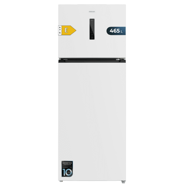 Bolero CoolMarket 2D 465 NF Branco E Geladeira 2 portas branca medindo 185,5cm de altura e 70,3cm de largura com grande capacidade de 465 Litros e Motor Inverter com garantia de 10 anos. Sistema de conservação No Frost e classe energética E.