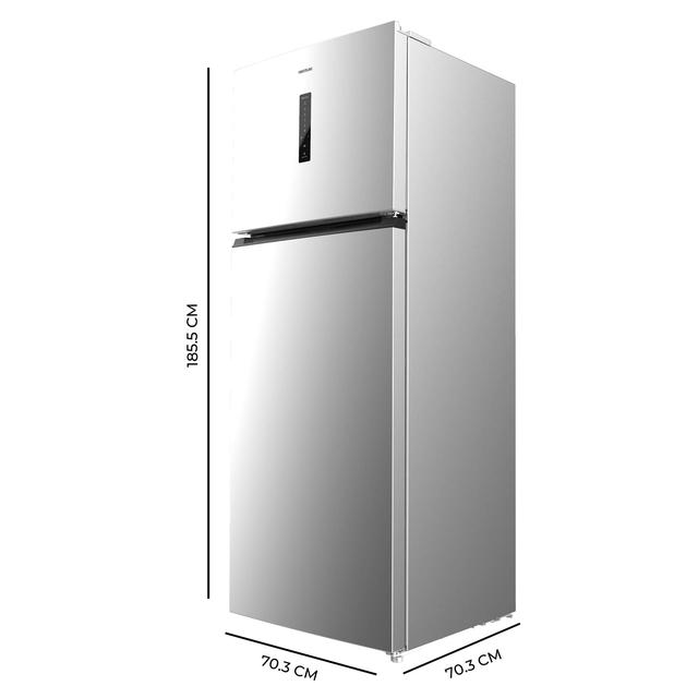 Bolero CoolMarket 2D 465 NF Inox E Geladeira 2 portas em aço inox medindo 185,5cm de altura e 70,3cm de largura com grande capacidade de 465 Litros e Motor Inverter com 10 anos de garantia. Sistema de conservação No Frost e classe energética E.