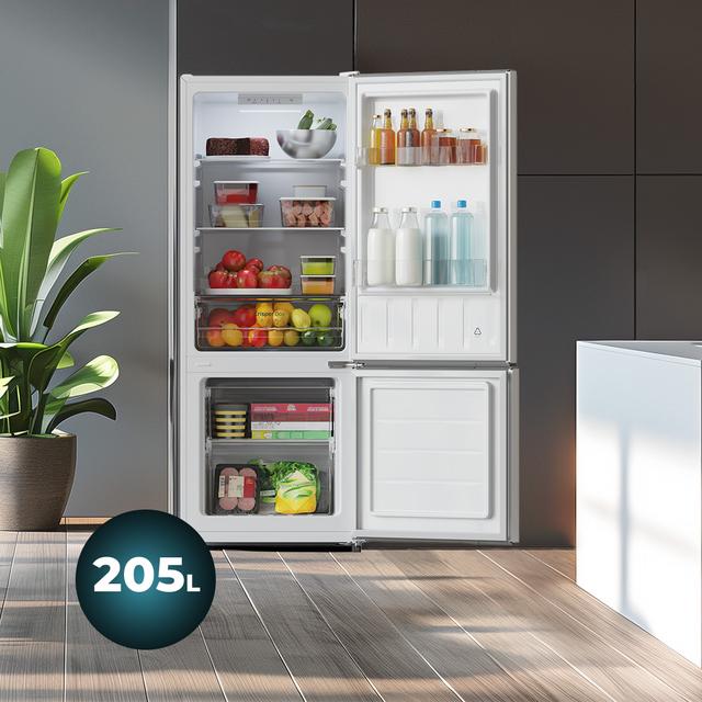 Bolero CoolMarket Combi 205 DF White E Frigorífico de dos puertas blanco, 144 de alto y 54 de ancho 117 litros, Defrost, clase energética E y con modo Fast Cooling.