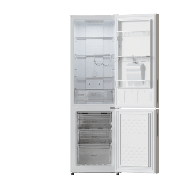 Bolero CoolMarket Combi 250 WD White Glass D Frigorífico combi cristal blanco, 180cm de alto y 55 cm de ancho, con 250 litros de capacidad, compresor Inverter Plus, Total No Frost, dispensador de agua, clase energética D y con sistema Multi Air Flow. Además, cuenta con el modo Fast Cooling y cajón Humidity Box con regulación de humedad así como alarmas de puerta abierta y fallo de funcionamiento.