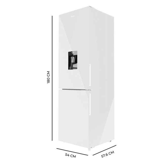 Bolero CoolMarket Combi 250 WD White Glass D Frigorífico combi cristal blanco, 180cm de alto y 55 cm de ancho, con 250 litros de capacidad, compresor Inverter Plus, Total No Frost, dispensador de agua, clase energética D y con sistema Multi Air Flow. Además, cuenta con el modo Fast Cooling y cajón Humidity Box con regulación de humedad así como alarmas de puerta abierta y fallo de funcionamiento.