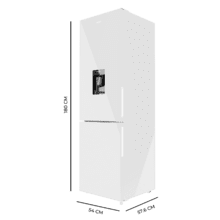 Bolero CoolMarket Combi 250 WD White Glass D Frigorífico combi cristal blanco, 180cm de alto y 55 cm de ancho, con 250 litros de capacidad, compresor Inverter Plus, Total No Frost, dispensador de agua, clase energética D y con sistema Multi Air Flow. Además, cuenta con el modo Fast Cooling y cajón Humidity Box con regulación de humedad así como alarmas de puerta abierta y fallo de funcionamiento.