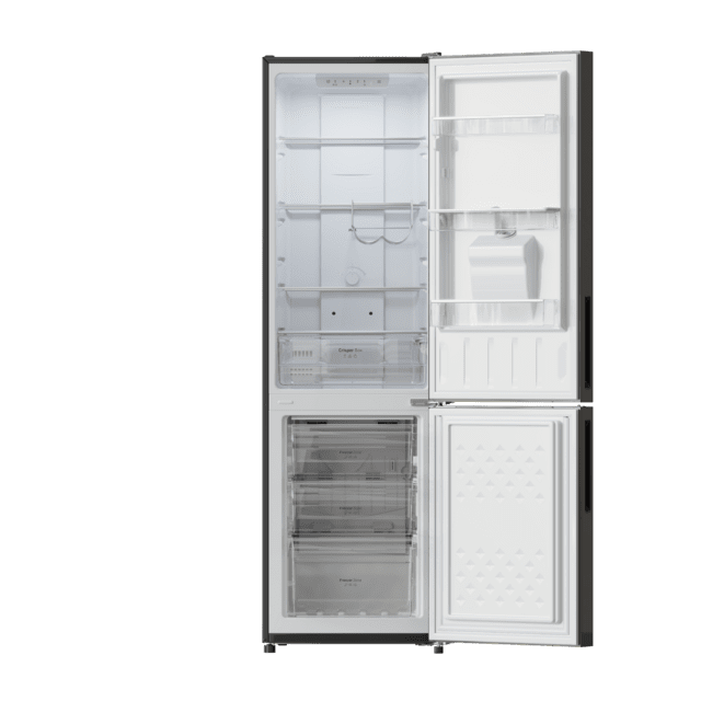 Bolero CoolMarket Combi 250 WD Grey Glass D Frigorífico combi cristal gris, 180cm de alto y 55 cm de ancho, con 250 litros de capacidad, compresor Inverter Plus, Total No Frost, dispensador de agua, clase energética D y con sistema Multi Air Flow. Además, cuenta con el modo Fast Cooling y cajón Humidity Box con regulación de humedad así como alarmas de puerta abierta y fallo de funcionamiento.