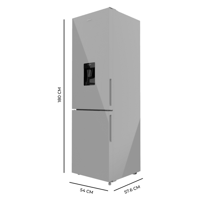 Bolero CoolMarket Combi 250 WD Grey Glass D Frigorífico combi cristal gris, 180cm de alto y 55 cm de ancho, con 250 litros de capacidad, compresor Inverter Plus, Total No Frost, dispensador de agua, clase energética D y con sistema Multi Air Flow. Además, cuenta con el modo Fast Cooling y cajón Humidity Box con regulación de humedad así como alarmas de puerta abierta y fallo de funcionamiento.