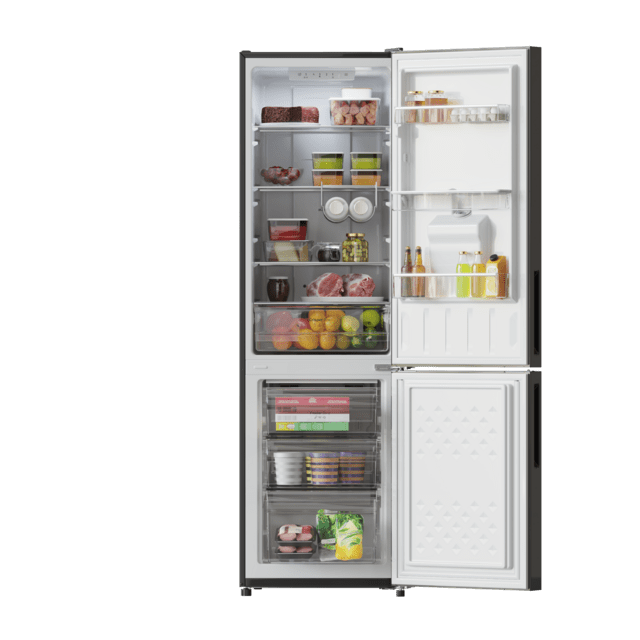 Bolero CoolMarket Combi 250 WD Grey Glass D Frigorífico combi cristal gris, 180cm de alto y 55 cm de ancho, con 250 litros de capacidad, compresor Inverter Plus, Total No Frost, dispensador de agua, clase energética D y con sistema Multi Air Flow. Además, cuenta con el modo Fast Cooling y cajón Humidity Box con regulación de humedad así como alarmas de puerta abierta y fallo de funcionamiento.