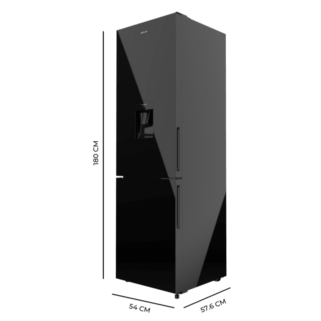 Bolero CoolMarket Combi 250 WD Black Glass D Frigorífico combi cristal negro, 180cm de alto y 55 cm de ancho, con 250 litros de capacidad, compresor Inverter Plus, Total No Frost, dispensador de agua, clase energética D y con sistema Multi Air Flow. Además, cuenta con el modo Fast Cooling y cajón Humidity Box con regulación de humedad así como alarmas de puerta abierta y fallo de funcionamiento.