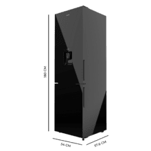 Bolero CoolMarket Combi 250 WD Black Glass D Frigorífico combi cristal negro, 180cm de alto y 55 cm de ancho, con 250 litros de capacidad, compresor Inverter Plus, Total No Frost, dispensador de agua, clase energética D y con sistema Multi Air Flow. Además, cuenta con el modo Fast Cooling y cajón Humidity Box con regulación de humedad así como alarmas de puerta abierta y fallo de funcionamiento.