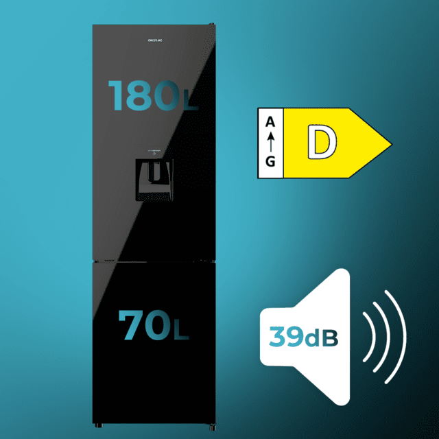 Bolero CoolMarket Combi 250 WD Black Glass D Frigorífico combi cristal negro, 180cm de alto y 55 cm de ancho, con 250 litros de capacidad, compresor Inverter Plus, Total No Frost, dispensador de agua, clase energética D y con sistema Multi Air Flow. Además, cuenta con el modo Fast Cooling y cajón Humidity Box con regulación de humedad así como alarmas de puerta abierta y fallo de funcionamiento.