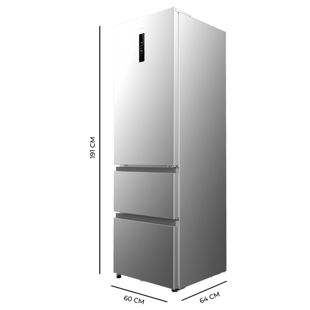 Bolero CoolMarket Combi FD 400 Inox E Frigorífico con Capacidad 400 Litros, Ancho de 60 cm y alto de 191 cm, Sistema Total NoFrost, Max Inside, Distribución de frío Multi AirFlow, Display Digital Exterior, Interior con diseño Premium en color gris, Cajones para fruta y verdura (uno convertible), Clasificación energética Clase E, Compresor Inverter de bajo consumo y silencioso, Funciones Fast Cooling, Fast Freezer, Modo ECO, Alarmas puerta abierta, temperatura y fallo funcionamiento.