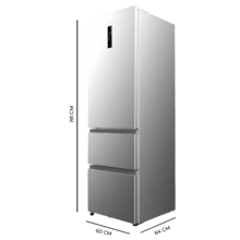 Bolero CoolMarket Combi FD 400 Inox E Frigorífico con Capacidad 400 Litros, Ancho de 60 cm y alto de 191 cm, Sistema Total NoFrost, Max Inside, Distribución de frío Multi AirFlow, Display Digital Exterior, Interior con diseño Premium en color gris, Cajones para fruta y verdura (uno convertible), Clasificación energética Clase E, Compresor Inverter de bajo consumo y silencioso, Funciones Fast Cooling, Fast Freezer, Modo ECO, Alarmas puerta abierta, temperatura y fallo funcionamiento.