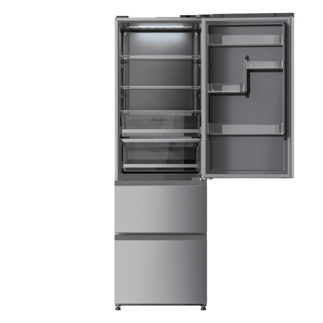 Bolero CoolMarket Combi FD 400 Inox E Frigorífico con Capacidad 400 Litros, Ancho de 60 cm y alto de 191 cm, Sistema Total NoFrost, Max Inside, Distribución de frío Multi AirFlow, Display Digital Exterior, Interior con diseño Premium en color gris, Cajones para fruta y verdura (uno convertible), Clasificación energética Clase E, Compresor Inverter de bajo consumo y silencioso, Funciones Fast Cooling, Fast Freezer, Modo ECO, Alarmas puerta abierta, temperatura y fallo funcionamiento.