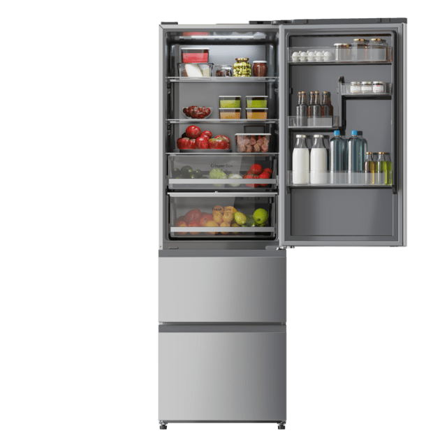 Bolero CoolMarket Combi FD 400 Inox E Frigorífico con Capacidad 400 Litros, Ancho de 60 cm y alto de 191 cm, Sistema Total NoFrost, Max Inside, Distribución de frío Multi AirFlow, Display Digital Exterior, Interior con diseño Premium en color gris, Cajones para fruta y verdura (uno convertible), Clasificación energética Clase E, Compresor Inverter de bajo consumo y silencioso, Funciones Fast Cooling, Fast Freezer, Modo ECO, Alarmas puerta abierta, temperatura y fallo funcionamiento.