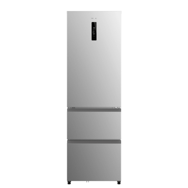 Bolero CoolMarket Combi FD 400 Inox E Frigorífico con Capacidad 400 Litros, Ancho de 60 cm y alto de 191 cm, Sistema Total NoFrost, Max Inside, Distribución de frío Multi AirFlow, Display Digital Exterior, Interior con diseño Premium en color gris, Cajones para fruta y verdura (uno convertible), Clasificación energética Clase E, Compresor Inverter de bajo consumo y silencioso, Funciones Fast Cooling, Fast Freezer, Modo ECO, Alarmas puerta abierta, temperatura y fallo funcionamiento.