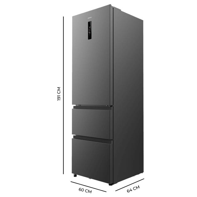 Bolero CoolMarket Combi FD 400 Dark E Frigorífico con Capacidad de 400 Litros, Ancho de 60 cm y alto de 191 cm, Sistema Total NoFrost, Max Inside, Distribución de frío Multi AirFlow, Display Digital Exterior, Interior con diseño Premium en color gris, Cajones para fruta y verdura (uno convertible), Clasificación energética Clase E, Compresor Inverter de bajo consumo y silencioso, Funciones Fast Cooling, Fast Freezer, Modo ECO, Alarmas puerta abierta, temperatura y fallo de funcionamiento.