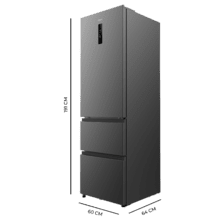 Bolero CoolMarket Combi FD 400 Dark E Frigorífico con Capacidad de 400 Litros, Ancho de 60 cm y alto de 191 cm, Sistema Total NoFrost, Max Inside, Distribución de frío Multi AirFlow, Display Digital Exterior, Interior con diseño Premium en color gris, Cajones para fruta y verdura (uno convertible), Clasificación energética Clase E, Compresor Inverter de bajo consumo y silencioso, Funciones Fast Cooling, Fast Freezer, Modo ECO, Alarmas puerta abierta, temperatura y fallo de funcionamiento.