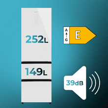 Bolero CoolMarket Combi FD 400 White Glass E Frigorífico con capacidad de 400L, Ancho de 60 cm y alto de 191 cm, Sistema Total NoFrost, Max Inside, Distribución de frío Multi AirFlow, Display Digital Exterior, Interior con diseño Premium en color gris, Cajones para fruta y verdura, Clasificación energética Clase E, Compresor Inverter de bajo consumo y silencioso, Funciones Fast Cooling, Fast Freezer, Modo ECO, Alarmas puerta abierta, temperatura y fallo de funcionamiento.