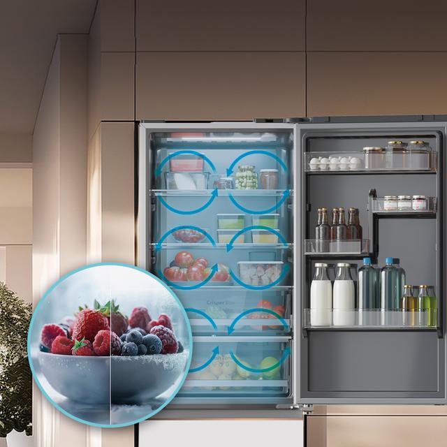 Bolero CoolMarket Combi FD 400 White Glass E Frigorífico con capacidad de 400L, Ancho de 60 cm y alto de 191 cm, Sistema Total NoFrost, Max Inside, Distribución de frío Multi AirFlow, Display Digital Exterior, Interior con diseño Premium en color gris, Cajones para fruta y verdura, Clasificación energética Clase E, Compresor Inverter de bajo consumo y silencioso, Funciones Fast Cooling, Fast Freezer, Modo ECO, Alarmas puerta abierta, temperatura y fallo de funcionamiento.