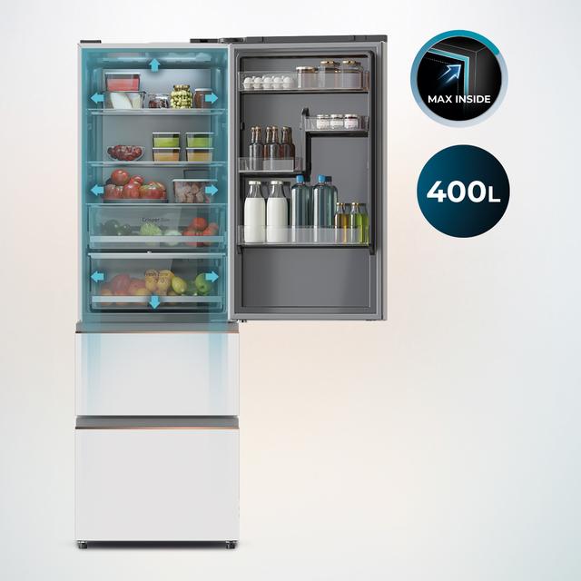 Bolero CoolMarket Combi FD 400 White Glass E Frigorífico con capacidad de 400L, Ancho de 60 cm y alto de 191 cm, Sistema Total NoFrost, Max Inside, Distribución de frío Multi AirFlow, Display Digital Exterior, Interior con diseño Premium en color gris, Cajones para fruta y verdura, Clasificación energética Clase E, Compresor Inverter de bajo consumo y silencioso, Funciones Fast Cooling, Fast Freezer, Modo ECO, Alarmas puerta abierta, temperatura y fallo de funcionamiento.