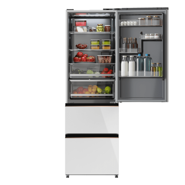 Bolero CoolMarket Combi FD 400 White Glass E Frigorífico con capacidad de 400L, Ancho de 60 cm y alto de 191 cm, Sistema Total NoFrost, Max Inside, Distribución de frío Multi AirFlow, Display Digital Exterior, Interior con diseño Premium en color gris, Cajones para fruta y verdura, Clasificación energética Clase E, Compresor Inverter de bajo consumo y silencioso, Funciones Fast Cooling, Fast Freezer, Modo ECO, Alarmas puerta abierta, temperatura y fallo de funcionamiento.