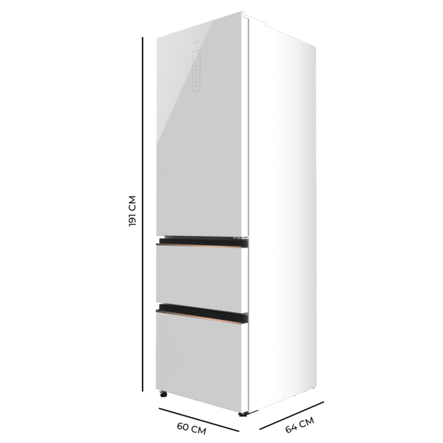 Bolero CoolMarket Combi FD 400 White Glass E Frigorífico con capacidad de 400L, Ancho de 60 cm y alto de 191 cm, Sistema Total NoFrost, Max Inside, Distribución de frío Multi AirFlow, Display Digital Exterior, Interior con diseño Premium en color gris, Cajones para fruta y verdura, Clasificación energética Clase E, Compresor Inverter de bajo consumo y silencioso, Funciones Fast Cooling, Fast Freezer, Modo ECO, Alarmas puerta abierta, temperatura y fallo de funcionamiento.