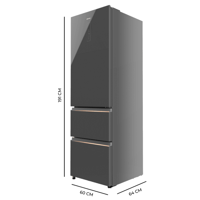 Bolero CoolMarket Combi FD 400 Grey Glass E Frigorífico con capacidad de 400L, Ancho de 60 cm y alto de 191 cm, Sistema Total NoFrost, Max Inside, Distribución de frío Multi AirFlow, Display Digital Exterior, Interior con diseño Premium en color gris, Cajones para fruta y verdura, Clasificación energética Clase E, Compresor Inverter de bajo consumo y silencioso, Funciones Fast Cooling, Fast Freezer, Modo ECO, Alarmas puerta abierta, temperatura y fallo de funcionamiento.