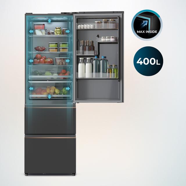 Bolero CoolMarket Combi FD 400 Grey Glass E Frigorífico con capacidad de 400L, Ancho de 60 cm y alto de 191 cm, Sistema Total NoFrost, Max Inside, Distribución de frío Multi AirFlow, Display Digital Exterior, Interior con diseño Premium en color gris, Cajones para fruta y verdura, Clasificación energética Clase E, Compresor Inverter de bajo consumo y silencioso, Funciones Fast Cooling, Fast Freezer, Modo ECO, Alarmas puerta abierta, temperatura y fallo de funcionamiento.