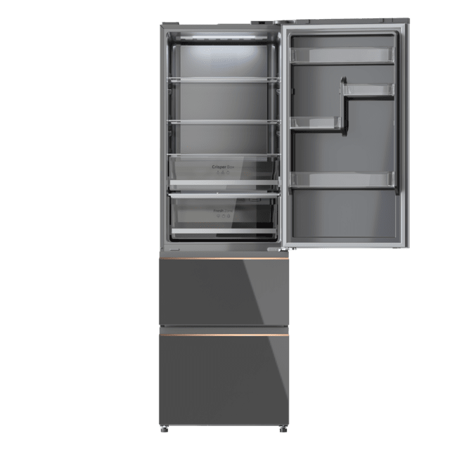 Bolero CoolMarket Combi FD 400 Grey Glass E Frigorífico con capacidad de 400L, Ancho de 60 cm y alto de 191 cm, Sistema Total NoFrost, Max Inside, Distribución de frío Multi AirFlow, Display Digital Exterior, Interior con diseño Premium en color gris, Cajones para fruta y verdura, Clasificación energética Clase E, Compresor Inverter de bajo consumo y silencioso, Funciones Fast Cooling, Fast Freezer, Modo ECO, Alarmas puerta abierta, temperatura y fallo de funcionamiento.