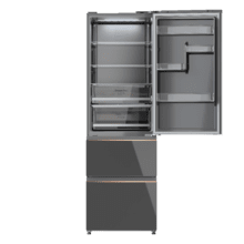Bolero CoolMarket Combi FD 400 Grey Glass E Réfrigérateur-congélateur French Door en verre noir, capacité de 400L, largeur 60cm et hauteur 191cm, Total NoFrost, Max Inside, distribution du froid Multi AirFlow, écran digital extérieur, intérieur avec design premium en couleur noir, bacs à fruits et légumes, classification énergétique E, compresseur Inverter à faible consommation et silencieux, Fast Cooling et Fast Freezer, Mode ECO, alarme de porte ouverte et de température