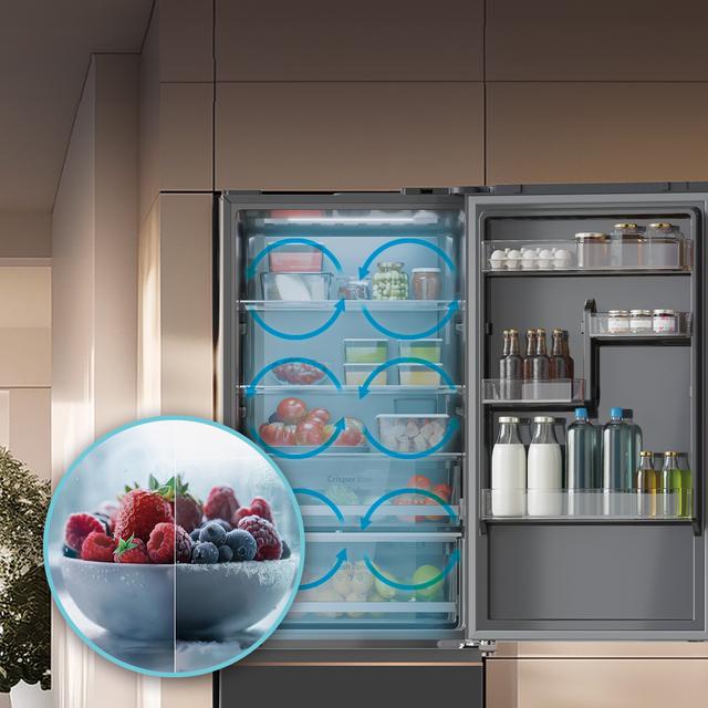 Bolero CoolMarket Combi FD 400 Grey Glass E Frigorífico con capacidad de 400L, Ancho de 60 cm y alto de 191 cm, Sistema Total NoFrost, Max Inside, Distribución de frío Multi AirFlow, Display Digital Exterior, Interior con diseño Premium en color gris, Cajones para fruta y verdura, Clasificación energética Clase E, Compresor Inverter de bajo consumo y silencioso, Funciones Fast Cooling, Fast Freezer, Modo ECO, Alarmas puerta abierta, temperatura y fallo de funcionamiento.