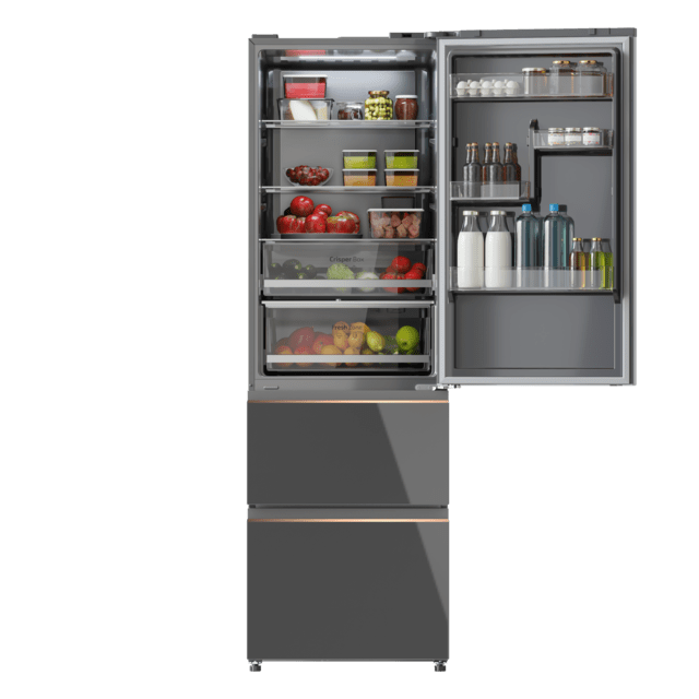 Bolero CoolMarket Combi FD 400 Grey Glass E Frigorífico con capacidad de 400L, Ancho de 60 cm y alto de 191 cm, Sistema Total NoFrost, Max Inside, Distribución de frío Multi AirFlow, Display Digital Exterior, Interior con diseño Premium en color gris, Cajones para fruta y verdura, Clasificación energética Clase E, Compresor Inverter de bajo consumo y silencioso, Funciones Fast Cooling, Fast Freezer, Modo ECO, Alarmas puerta abierta, temperatura y fallo de funcionamiento.