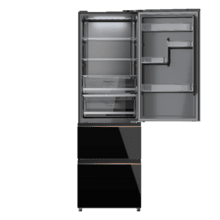 Bolero CoolMarket Combi FD 400 Black Glass E Frigorífico con capacidad de 400L, Ancho de 60 cm y alto de 191 cm, Sistema Total NoFrost, Max Inside, Distribución de frío Multi AirFlow, Display Digital Exterior, Interior con diseño Premium en color gris, Cajones para fruta y verdura, Clasificación energética Clase E, Compresor Inverter de bajo consumo y silencioso, Funciones Fast Cooling, Fast Freezer, Modo ECO, Alarmas puerta abierta, temperatura y fallo de funcionamiento.