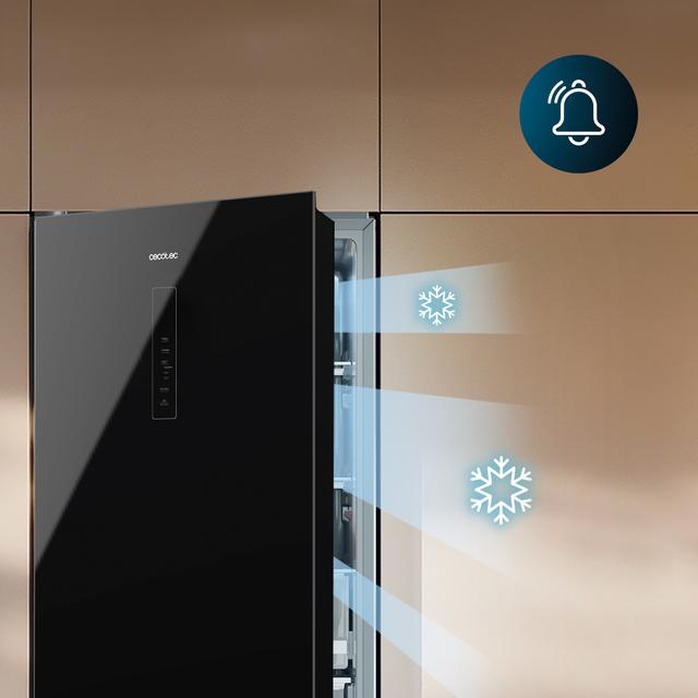 Bolero CoolMarket Combi FD 400 Black Glass E Frigorífico con capacidad de 400L, Ancho de 60 cm y alto de 191 cm, Sistema Total NoFrost, Max Inside, Distribución de frío Multi AirFlow, Display Digital Exterior, Interior con diseño Premium en color gris, Cajones para fruta y verdura, Clasificación energética Clase E, Compresor Inverter de bajo consumo y silencioso, Funciones Fast Cooling, Fast Freezer, Modo ECO, Alarmas puerta abierta, temperatura y fallo de funcionamiento.