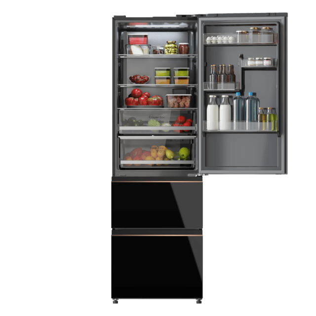 Bolero CoolMarket Combi FD 400 Black Glass E Frigorífico con capacidad de 400L, Ancho de 60 cm y alto de 191 cm, Sistema Total NoFrost, Max Inside, Distribución de frío Multi AirFlow, Display Digital Exterior, Interior con diseño Premium en color gris, Cajones para fruta y verdura, Clasificación energética Clase E, Compresor Inverter de bajo consumo y silencioso, Funciones Fast Cooling, Fast Freezer, Modo ECO, Alarmas puerta abierta, temperatura y fallo de funcionamiento.