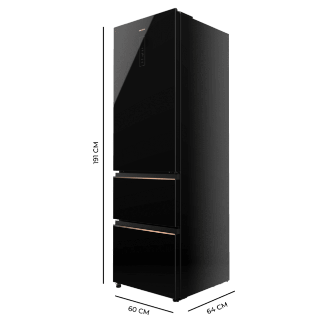 Bolero CoolMarket Combi FD 400 Black Glass E Frigorífico con capacidad de 400L, Ancho de 60 cm y alto de 191 cm, Sistema Total NoFrost, Max Inside, Distribución de frío Multi AirFlow, Display Digital Exterior, Interior con diseño Premium en color gris, Cajones para fruta y verdura, Clasificación energética Clase E, Compresor Inverter de bajo consumo y silencioso, Funciones Fast Cooling, Fast Freezer, Modo ECO, Alarmas puerta abierta, temperatura y fallo de funcionamiento.