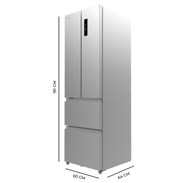 Bolero CoolMarket Combi F2D 400 Inox E Frigorífico con Capacidad de 400 Litros, Ancho de 60 cm y alto de 191 cm, Sistema Total NoFrost, Max Inside, Distribución de frío Multi AirFlow, Display Digital Exterior, Interior con diseño Premium en color gris, Cajones para fruta y verdura (uno convertible), Clasificación energética Clase E, Compresor Inverter de bajo consumo y silencioso, Funciones Fast Cooling, Fast Freezer, Modo ECO, Alarmas puerta abierta, temperatura y fallo de funcionamiento.