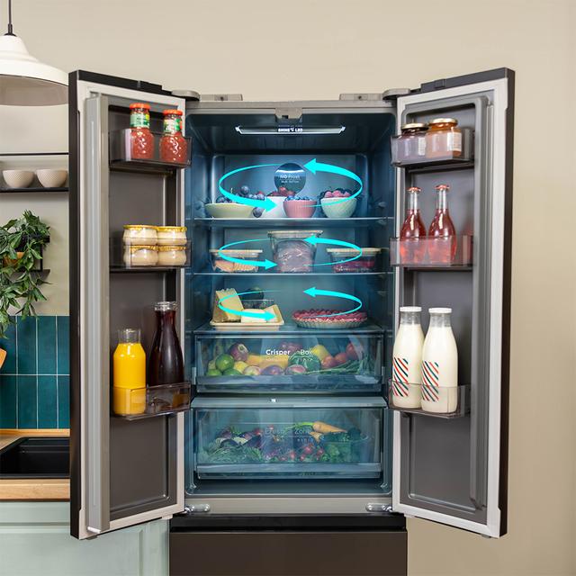 Bolero CoolMarket Combi F2D 400 Dark E Frigorífico con Capacidad 400 Litros, Ancho de 60 cm y alto de 191 cm, Sistema Total NoFrost, Max Inside, Distribución de frío Multi AirFlow, Display Digital Exterior, Interior con diseño Premium en color gris, Cajones para fruta y verdura (uno convertible), Clasificación energética Clase E, Compresor Inverter de bajo consumo y silencioso, Funciones Fast Cooling, Fast Freezer, Modo ECO, Alarmas puerta abierta, temperatura y fallo de funcionamiento.