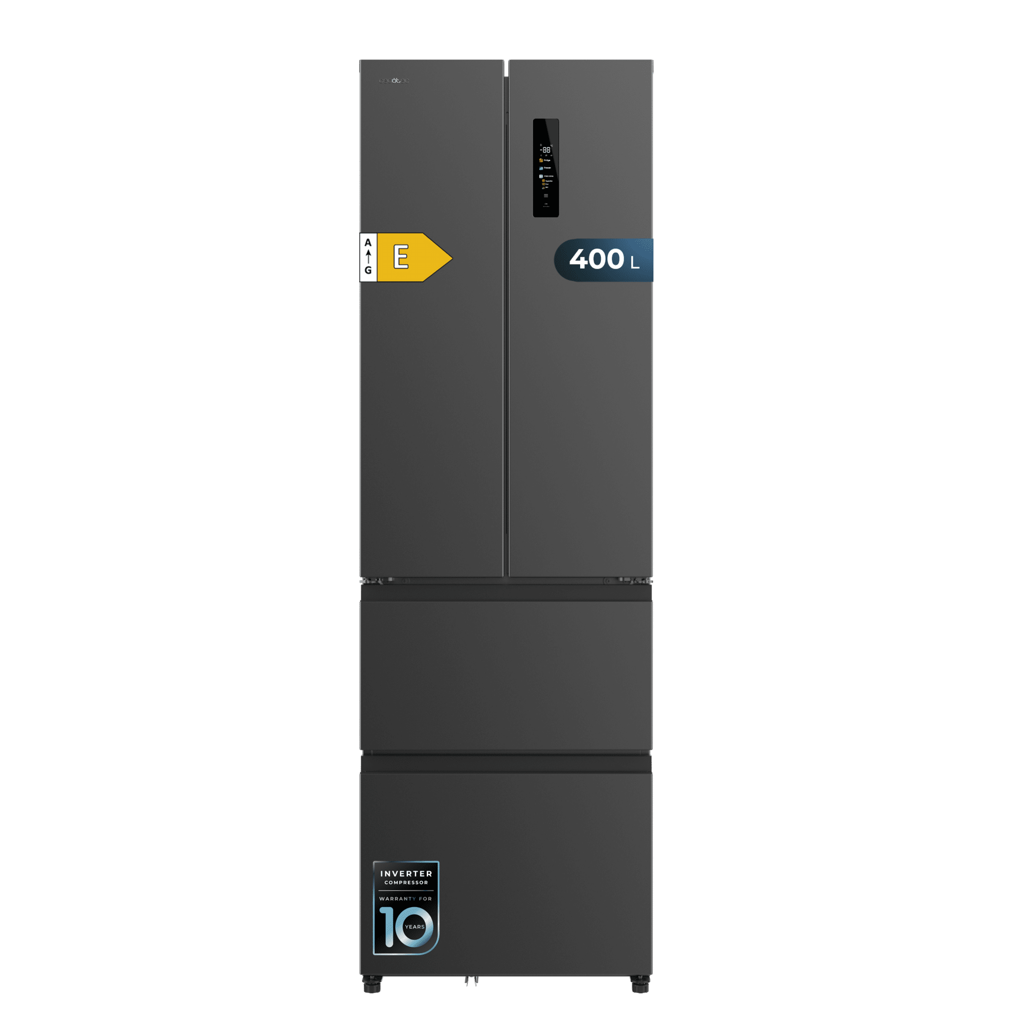 Bolero CoolMarket Combi F2D 400 Dark E Frigorífico con Capacidad 400 Litros, Ancho de 60 cm y alto de 191 cm, Sistema Total NoFrost, Max Inside, Distribución de frío Multi AirFlow, Display Digital Exterior, Interior con diseño Premium en color gris, Cajones para fruta y verdura (uno convertible), Clasificación energética Clase E, Compresor Inverter de bajo consumo y silencioso, Funciones Fast Cooling, Fast Freezer, Modo ECO, Alarmas puerta abierta, temperatura y fallo de funcionamiento.