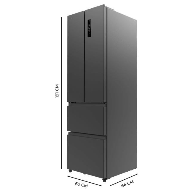 Bolero CoolMarket Combi F2D 400 Dark E Frigorífico con Capacidad 400 Litros, Ancho de 60 cm y alto de 191 cm, Sistema Total NoFrost, Max Inside, Distribución de frío Multi AirFlow, Display Digital Exterior, Interior con diseño Premium en color gris, Cajones para fruta y verdura (uno convertible), Clasificación energética Clase E, Compresor Inverter de bajo consumo y silencioso, Funciones Fast Cooling, Fast Freezer, Modo ECO, Alarmas puerta abierta, temperatura y fallo de funcionamiento.