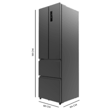 Bolero CoolMarket Combi F2D 400 Dark E Frigorífico con Capacidad 400 Litros, Ancho de 60 cm y alto de 191 cm, Sistema Total NoFrost, Max Inside, Distribución de frío Multi AirFlow, Display Digital Exterior, Interior con diseño Premium en color gris, Cajones para fruta y verdura (uno convertible), Clasificación energética Clase E, Compresor Inverter de bajo consumo y silencioso, Funciones Fast Cooling, Fast Freezer, Modo ECO, Alarmas puerta abierta, temperatura y fallo de funcionamiento.